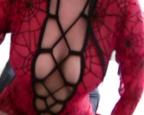 Chloe James in red spider suit gives a hot lapdance